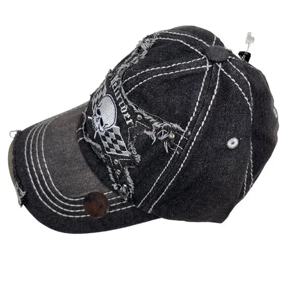Aslan Black Distressed Embroidered “Hellrider” Scull Adjustable Baseball Hat - Picture 4 of 10